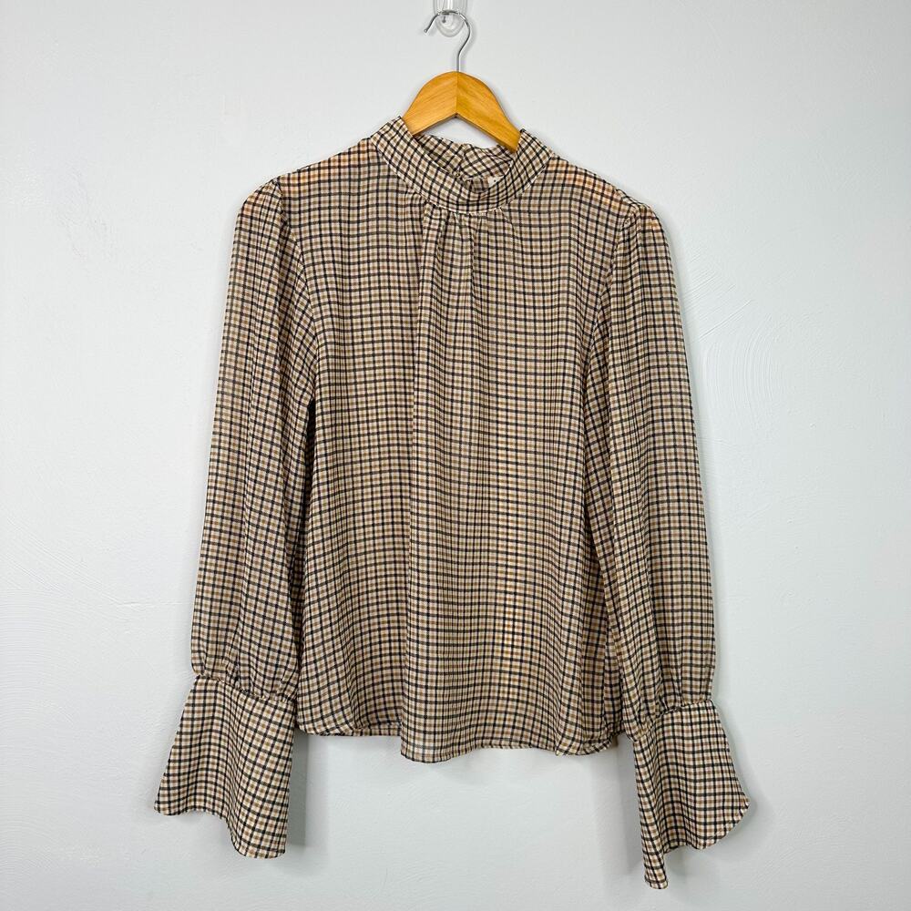 A New Day Brown Checkered Mock Neck Blouse with Billowy Sleeves